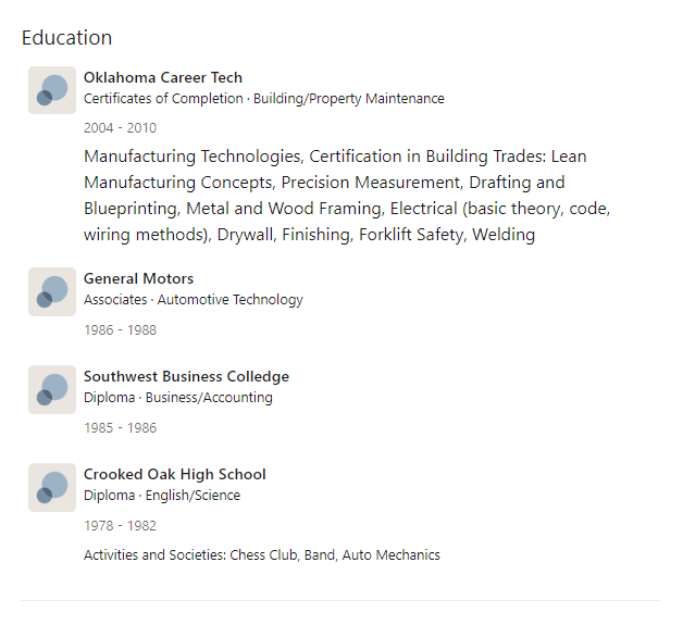 LinkedIn education history including Oklahoma Career Tech, General Motors, Southwest Business College and Crooked Oak High School