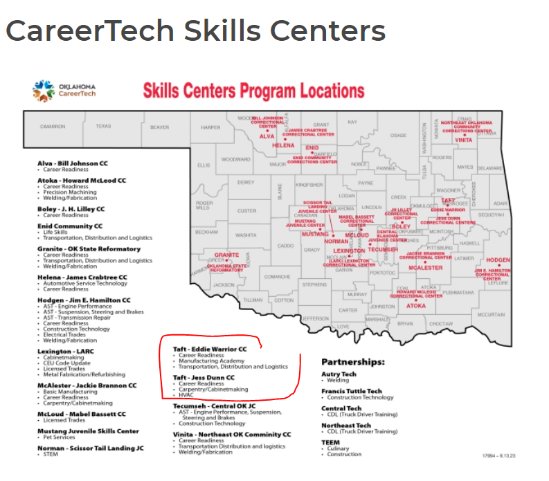Oklahoma CareerTech Skills Centers program map, with Taft facilities marked in red