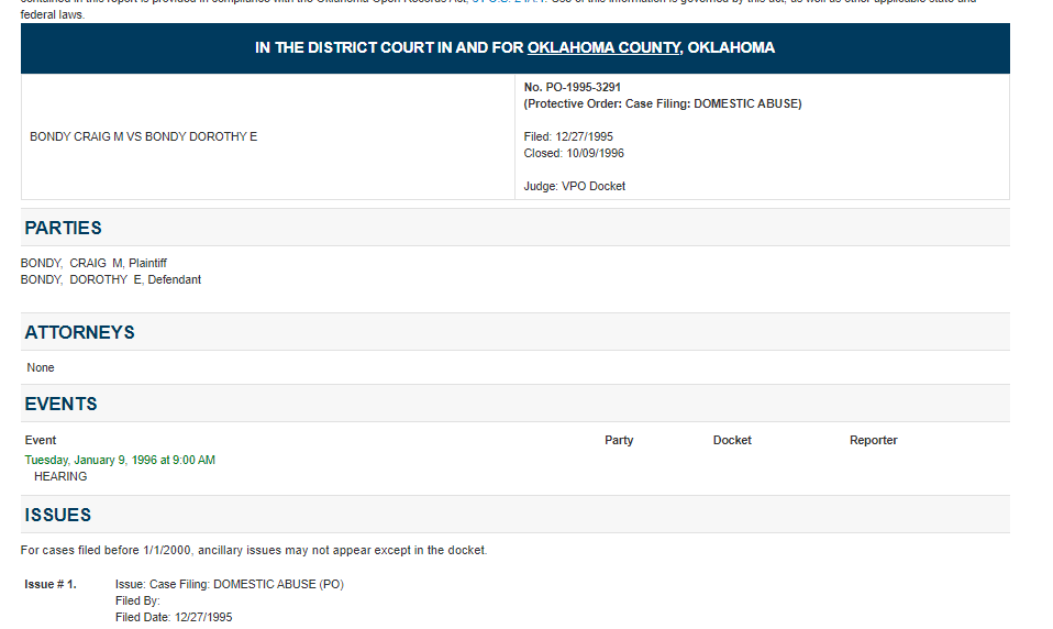 Oklahoma County court docket screenshot with parties, events and case filing details