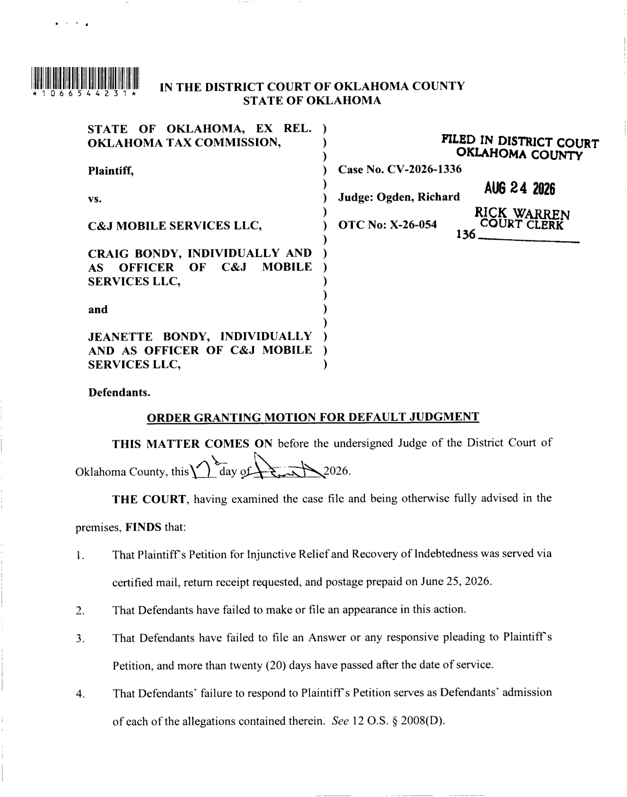 First page of the default judgment order in CV-2026-1336, file-stamped August 24, 2026